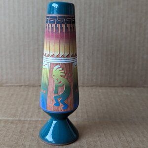 Kokopelli Etched Pottery Vase Small Southwest Native American Signed